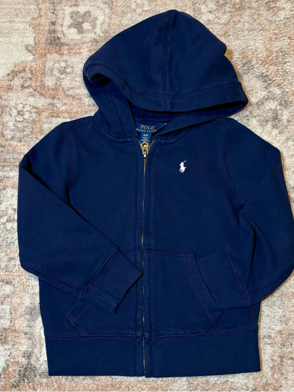 Polo Ralph Lauren Kids UNISEX Navy Blue Full Zip Hoodie White Pony Logo Size 4T